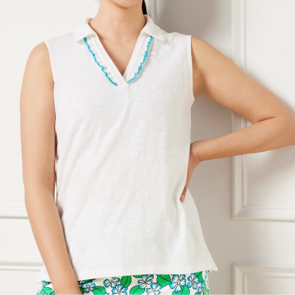 Talbots White Sleeveless Top with Blue Trim